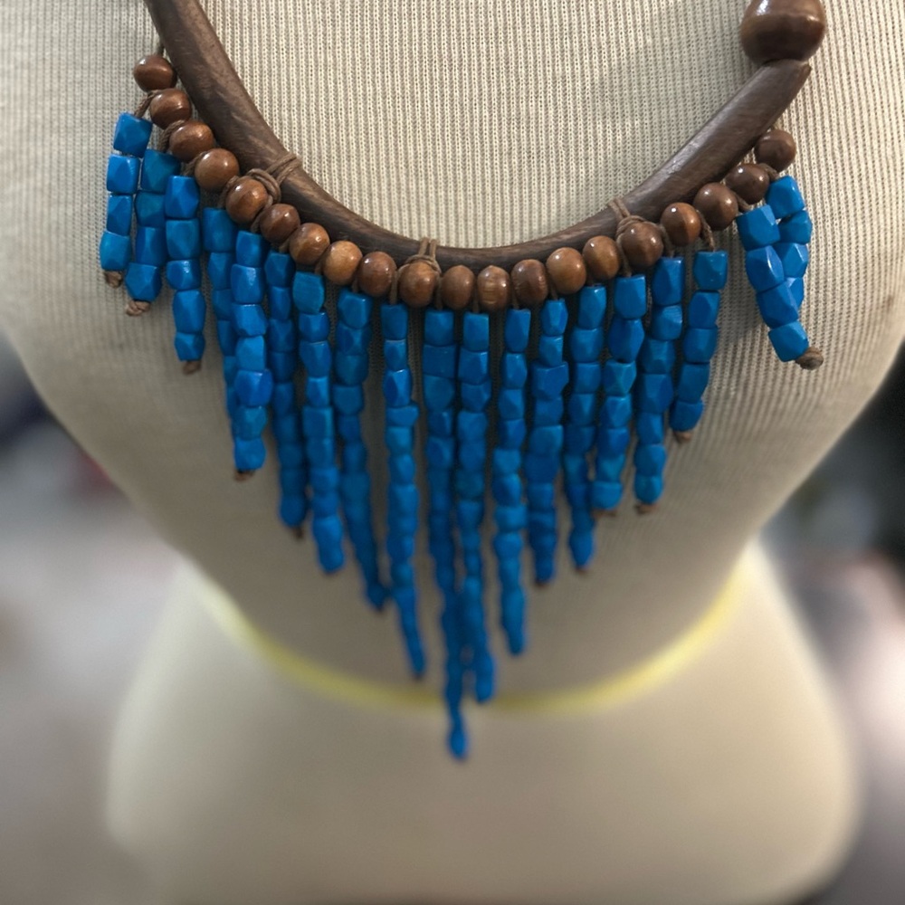 Statement Adjustable Blue And Brown Beaded Neckla… - image 3